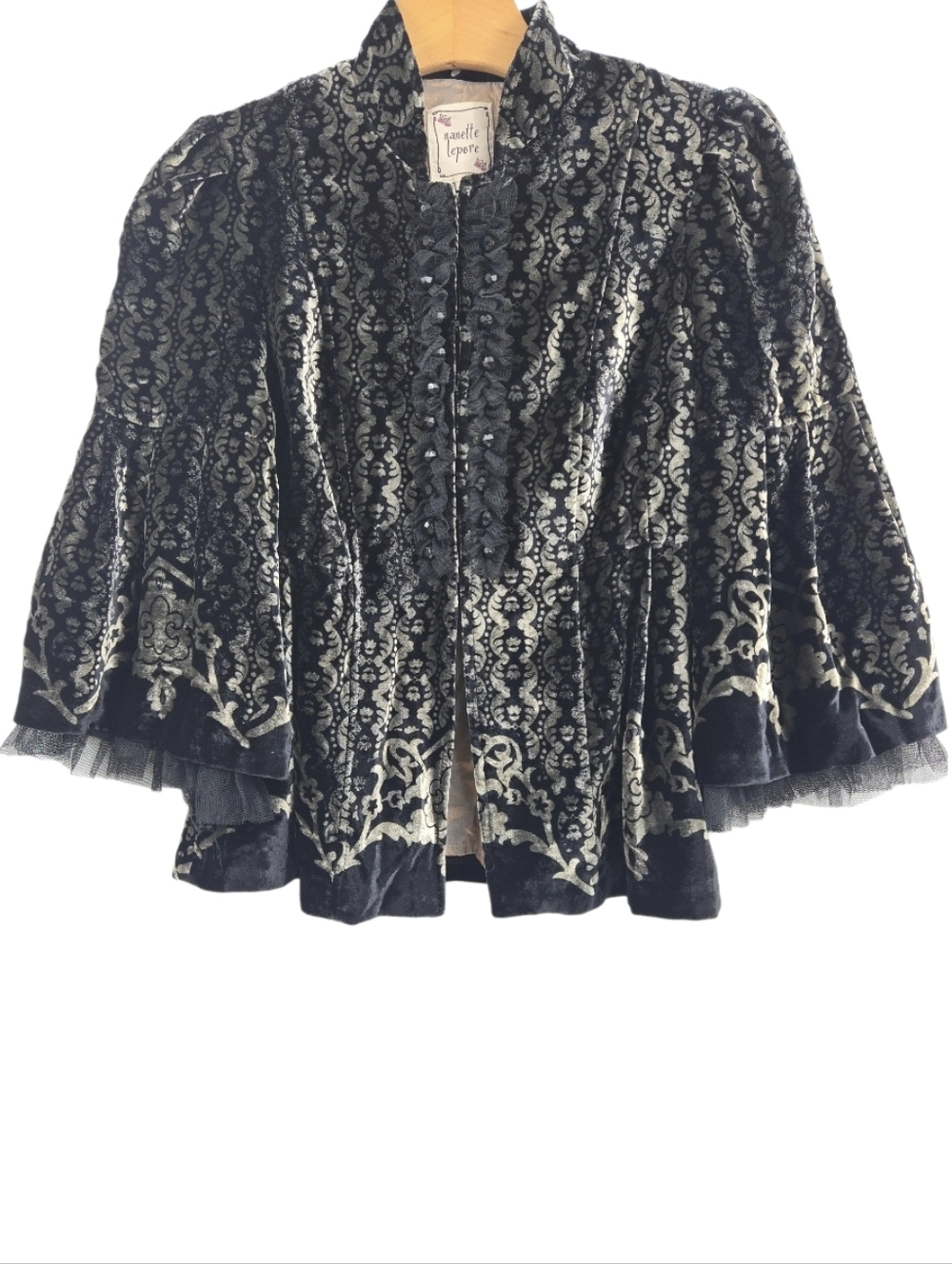 Nanette Lepore Silk Velvet‎ Jacket Black Gray Hook Front